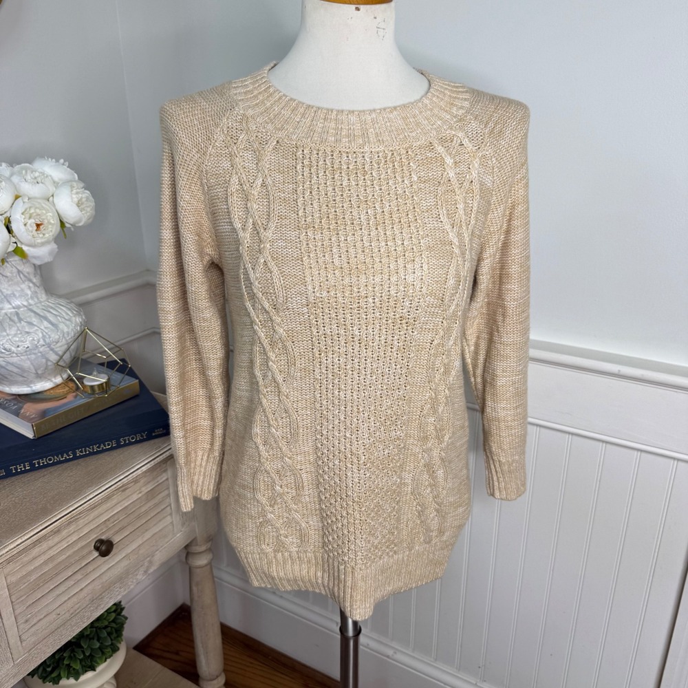 LL Bean Womens Tan Cable Knit Cotton Modal Sweater Small Crew Neck Marled